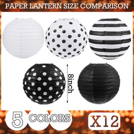 Treela Back to School 8" White Black Paper Lanterns Decorative Round Hanging Paper Lanterns Chinese Japanese Paper Striped Polka Dots Black and White Office Decor for Birthday Party (12)