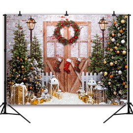 DePhoto 7X5Ft Christmas Backdrop for Photography Winter Xmas Rustic Barn Wood Door Background Winter Xmas Pine Tree Gifts Stockings Family Decoration Background Christmas Photo Studio Props
