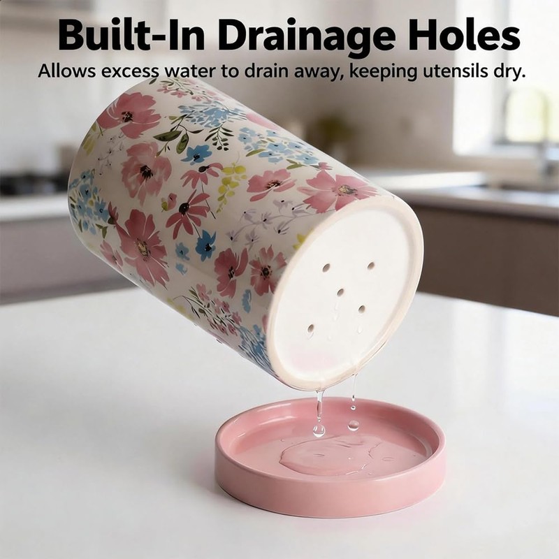 ISUISLE Ceramic Utensil Holder for Kitchen Counter with Draining Base,