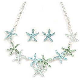 Avalaya Pastel Mint/Green/Blue Matt Enamel Starfish Necklace & Stud Earrings in Silver Tone Metal - 42cm L/ 6cm Ext