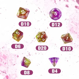 QUTHZZHY D&D D20 D12 D10 D8 D6 D4 - Set di 7 dadi poliedrici per Dungeon and Dragons, MTG, dadi da gioco RPG, giochi da tavolo D&D D20 D12 D10 D8 D6 D4 (viola e giallo)