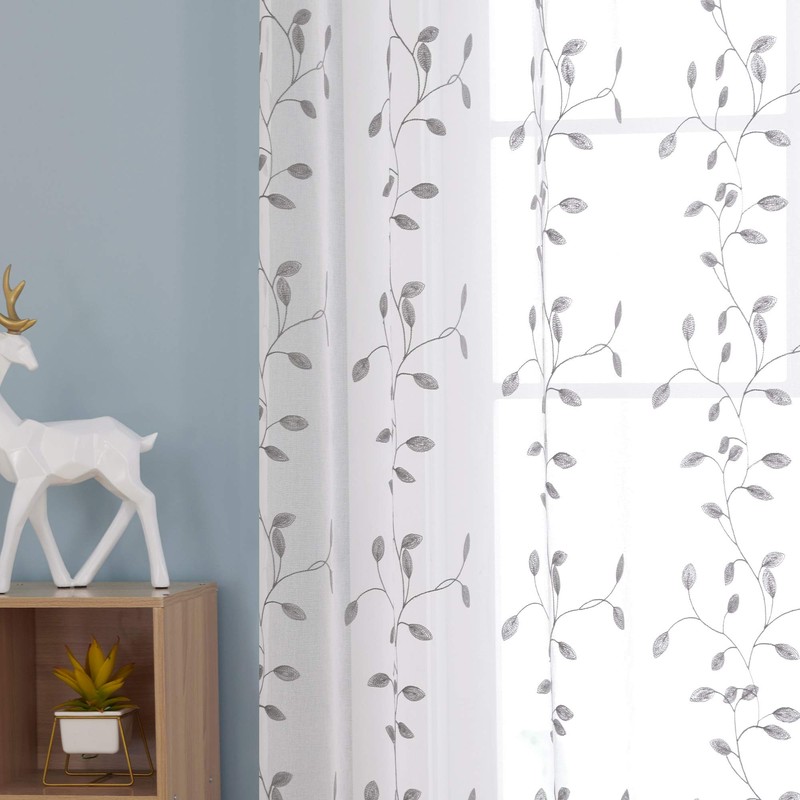 Deconovo Transparent Curtains, Set of 2 Embroidered Curtains, White, 175x140