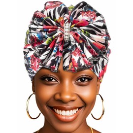 Bohend African Turban Cap Women Flower Stretchy Beanie Hat Bow Pre-Tied Head Covering Pearl Knot Wide Hat