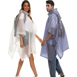 2-Pack Reusable Rain Ponchos for Adults, HOOMBOOM Raincoats Emergency Survival for Women/Men Hood and Drawstring White&Grey