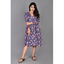 KLAVATE Women's V Neck Bohemian Short Dress Cotton Summer Indian Handblock Floral Print Beach Party Maxi Dress (as1, Alpha, s, Regular, Regular, Blue)