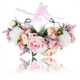 Women's Girls Flower Headband Flower Wreath - Blossom Flower Crown Garland Headdress Festival Wedding Party Adjustable with Ribbon (Pink)