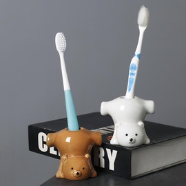 2 Pack Ceramic Toothbrush Holders, Cute Animal Tooth Brush Holder Portable Bathroom Accessories Organizer Multipurpose Storage Organizer Vanity Countertops Cotton Swabs Holder