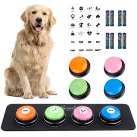 Pycoal Dog Talking Button Set, 4pcs Dog Buttons for Communication Talking Pet Buttons for Dogs 30s Recordable Pet Training Button with Waterproof Anti-Slip Mat and 24 Scene Stickers & 8 AAA Batteries