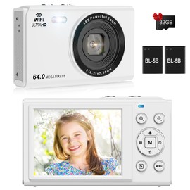 SOPPY Digitalkamera 64MP Fotokamera FHD 1080P Kompaktkamera, 2,8'' LCD Bildschirm Vlogging Kamera mit 32G Karte,16-fachem Digitalzoom Minikamera für Jungen Mädchen Kinder Anfänger, Weiß