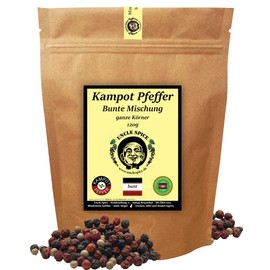 UNCLE SPICE® Colourful Kampot Pepper, 120 g, Kampot Pepper, Colourful, Premium Quality, Whole Sun-Dried Pepper Berries, Red, White, Black Peppercorns, Whole Hand-Picked for the Mill