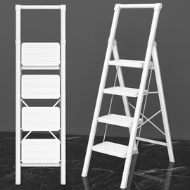 4 Step Ladder, DIAMONDFORGE Folding Step Stool with Wide Anti-Slip Pedal, Anti-Slip Feet and Handgrip, Sturdiest Steel Construction, 600lbs Capacity Steel Ladder for Home, White