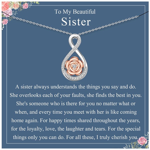 Sister Gifts for Sisters from Sister, Silver Infinity Rose Necklace,