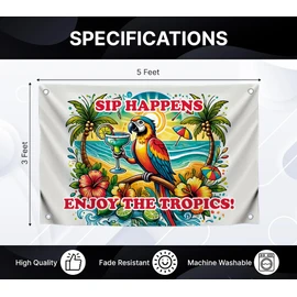 3x5 Feet Flag with 4 Brass Grommets - Tropical Parrot with Colorful Margarita Tapestry - "Sip Happens Enjoy the Tropics" Quote Poster - Bright Outdoor Flag for Summer Celebrations