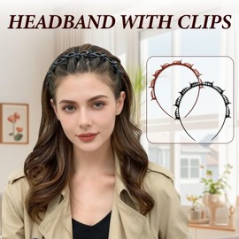 2 PCS Headband With Clips, Bangs Hairstyle Hairpin Headband with 8 Clips Each, Professional Weave BangsClip, ToothedHeadband Braid Tool, Hair Styling Accessories for Women Girls (Brown+Black)