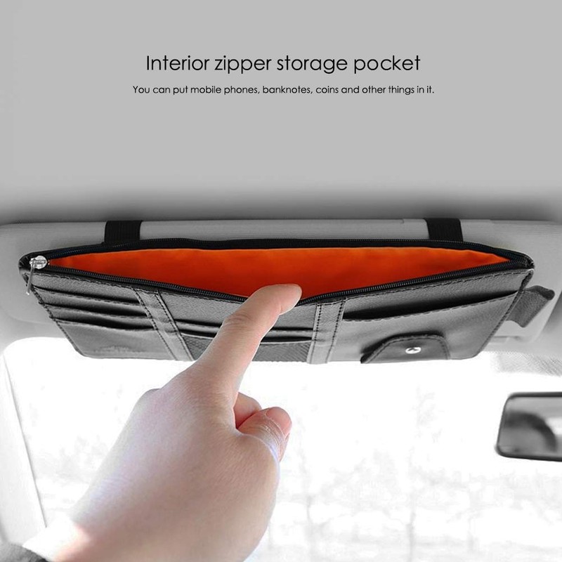 Leather Car Sun Visor Organizer with Net & Zipper, Ultra