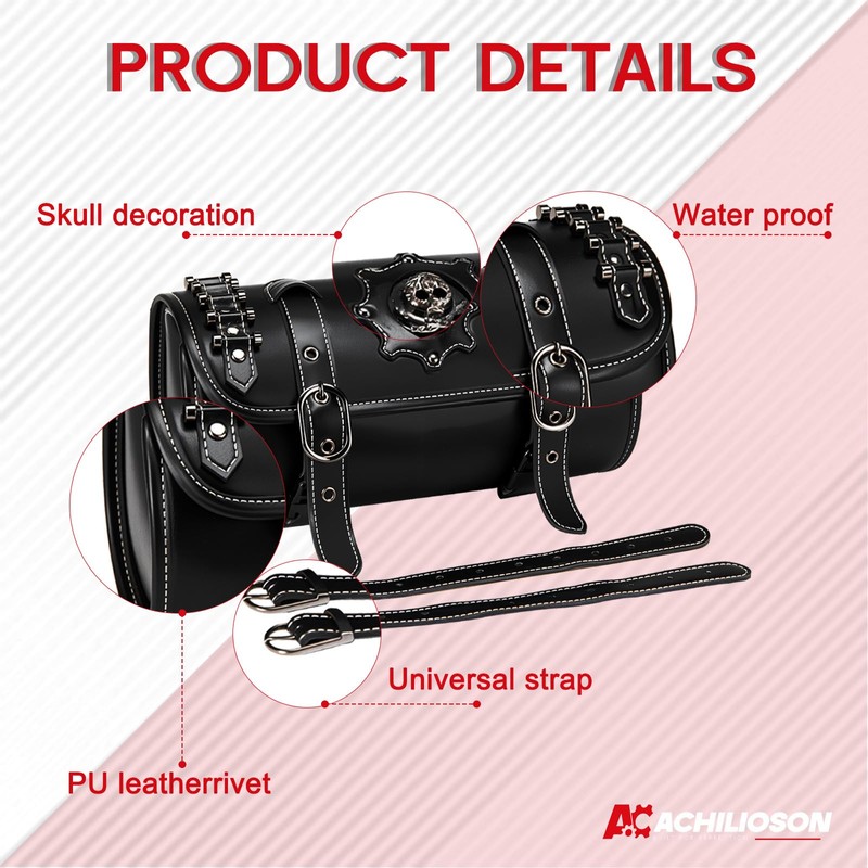Achilioson Motorcycle Tool Bag, Black PU Leather with Skull Design,