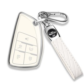 QBUC for Chevy Key Fob Cover with Keychain Soft TPU Protection Case Compatible with 2021-2025 Chevy Tahoe Suburban GMC Yukon Denali Silverado 5-Buttons(Chrome Trim White)