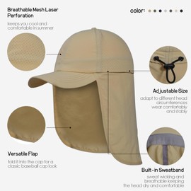 Mens XXL Sun Hats with Neck Flap UPF 50+ Waterproof Baseball Cap Adjustable Breathable Quick Dry Outdoor Fishing Hat Khaki