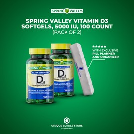 Spring Valley, Vitamin D3 Softgels, Vitamin D3 5000 IU, 100 Count + 7 Day Pill Organizer Included (Pack of 2)
