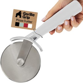 GORILLA GRIP BPA-Free Large Pizza Cutter Wheel, 9 Inch, Sharp Stainless Steel Blade, Slip Resistant Handle with Thumb Guard Protection, Slice Thick or Thin Pizzas, Pie, Pastries in Seconds, White
