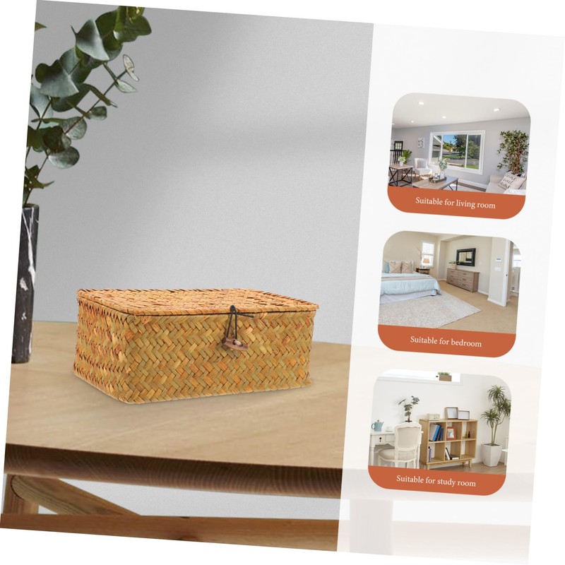 ABOOFAN Straw Woven Basket with Lid Small Sundries Storage Box