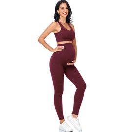 Lataly Maternity Women 2Piece Bra and Pants，Seamless Ribbed Built in Maternity Bra High Waist Elasticity Pregnancy Pant Sets
