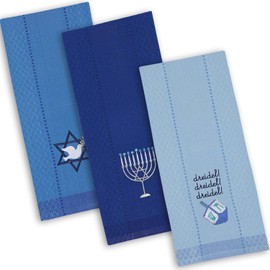 DII Hanukkah Kitchen Collection Festival of Lights Celebration Decor, Dish Towel Set, 18x28, Embroidered Dreidel, 3 Piece
