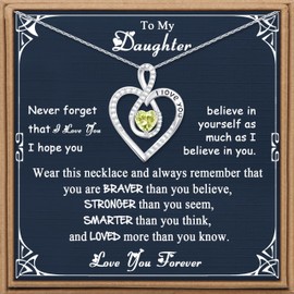 JoycuFF Birthday Gifts for Daughter, To My Daughter 925 Stering Silver Love Heart August Birthstone Necklace for Women, Mother's Day Christmas Birthday Gifts for Daughter Adult from Dad Mom