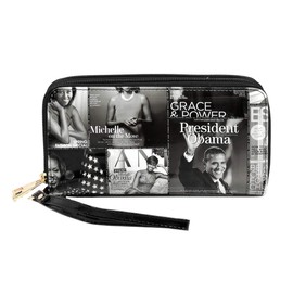 Amy&Joey Glossy magazine cover collage Michelle Obama printed large capacity zipper wallets with wrist band (Picture #01-BK)