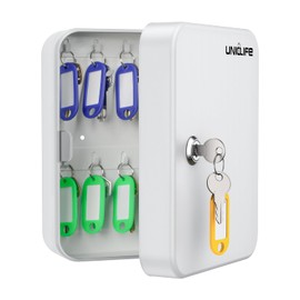 Uniclife 20 Position Key Cabinet with Key Lock Wall Mounted White Security Storage Box Steel Key Organizer with Colorful Key Tag Labels Identifiers Stickers and Hooks