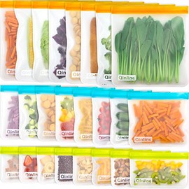 Reusable Food Storage Bags - 24 Pack BPA FREE Flat Freezer Bags(8 Reusable Gallon Bags + 8 Leakproof Reusable Sandwich Bags + 8 Food Grade Kids Snack Bags) Resealable Lunch Bag for Meat Fruit Veggies