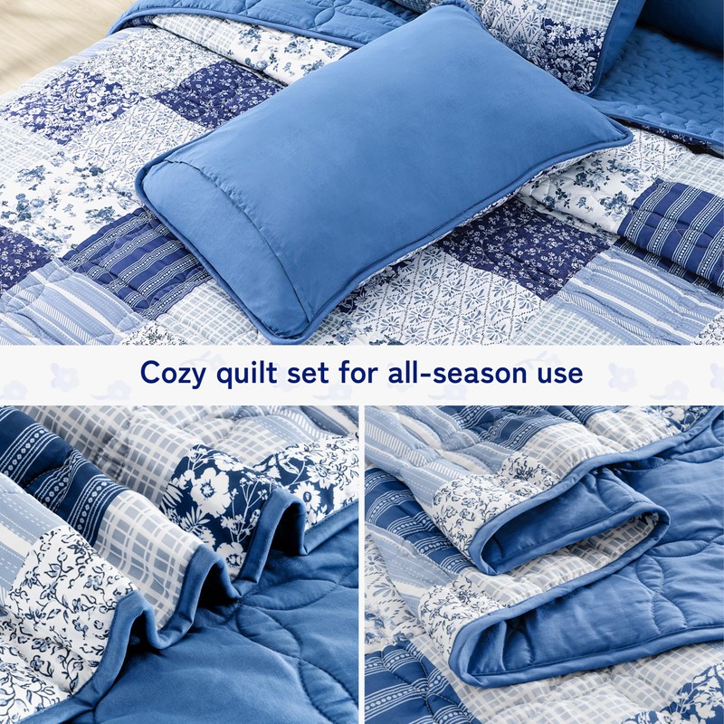 Full Queen Size Quilt Set Blue Floral Bedding Set 3-Piece