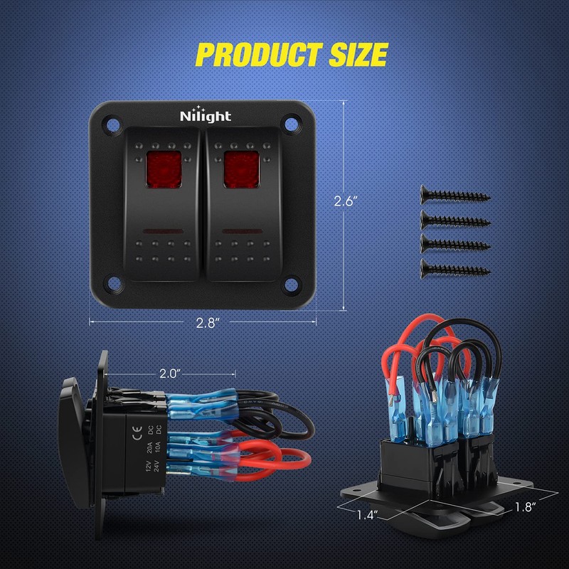 Nilight 2 Gang Rocker Switch Panel 12V 24V DC Red
