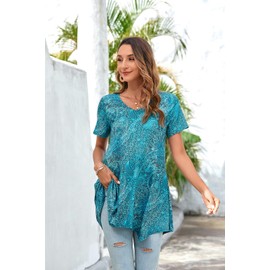 Enmain Tunic Tops for Women Short Sleeve Ladies Long Tunics Summer Casual Longline Baggy Top to Wear for Leggings Older Ladies Tshirt Teal,XXL