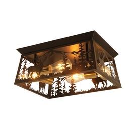 4-Light Farmhouse Ceiling Light,Rustic Flush Mount Industrial Square Shape Ceiling Light Fixture,Black Cage Style,Deer Pine Tree Silhouettes,For Living Room Bedroom Dinning Room Entryway Kitchen