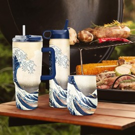 RainCaper 18/8 Stainless Steel Insulated Water Tumbler with Straw | 30oz, BPA-Free, Double Wall for Hot & Cold | Travel-Friendly, Cup Holder Ready (Hokusai The Great Wave)