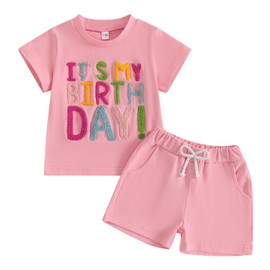 Kayotuas Toddler Baby Girl Birthday Outfit Birthday Girl Shirt and Elastic Shorts Cute Summer Clothes Happy Birthday Outfits (Pink ITS MY BIRTHDAY, 12-18 Months)