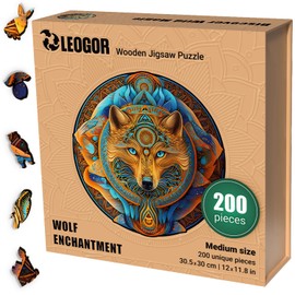 LEOGOR Wooden Puzzles for Adults – 200 Piece, 12 x 11.8 in Extra-Thick 5mm Wood Puzzles Adult, Round Mosaic Jigsaw, Wolf Enchantment, Unique Hand-Shaped Pieces