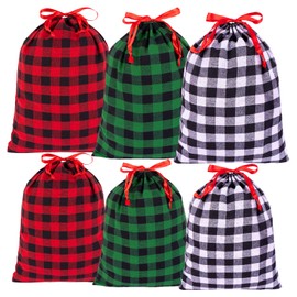 jijAcraft Christmas Drawstring Gift Bags: 6Pcs Xmas Cotton Bags with Red Green Black White Plaid, 50x40CM & 40x30CM Large Reusable Christmas Sacks for Gift Wrapping, Xmas Tree & Party Decoration