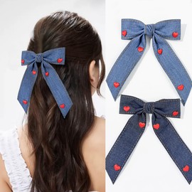 Blue Denim Hair Clip Pin Bow Girls Blue Jeans HairClip Girls Large Bows HairPin BW01 (Set E)