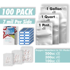 100 Pack - PackFreshUSA Mylar Bags and Oxygen Absorbers Box Set - 7 Mil PER SIDE - Variety Pack - Pint, Quart, Gallon Size - 100cc, 300cc, 500cc Oxygen Absorbers