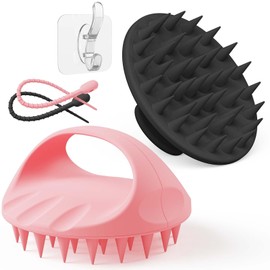 Manmihealth Large Hair Scalp Scrubber, One-piece Silicone Scalp Massager for Wet Dry, Long Bristles Shampoo Brush for Dandruff Removal and Hair Growth with Free Strap&Hook.(Black+Pink)