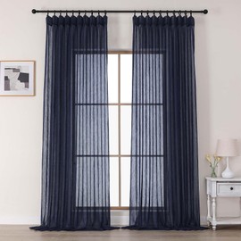 OVZME Navy Blue Sheer Curtains 96 Inches Long 2 Panels, Elegant Textured Pinch Pleated Extra Wide Curtain Panels Voile Draperies with Light Filtering for Patio Sliding Glass Door, 2x60Wx96L Inches