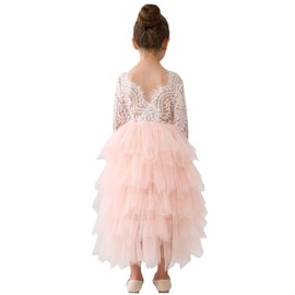 2Bunnies Girl Peony Lace Back A-Line Tiered Tutu Tulle Flower Girl Dress (Pink Long Sleeve Maxi, 2T)