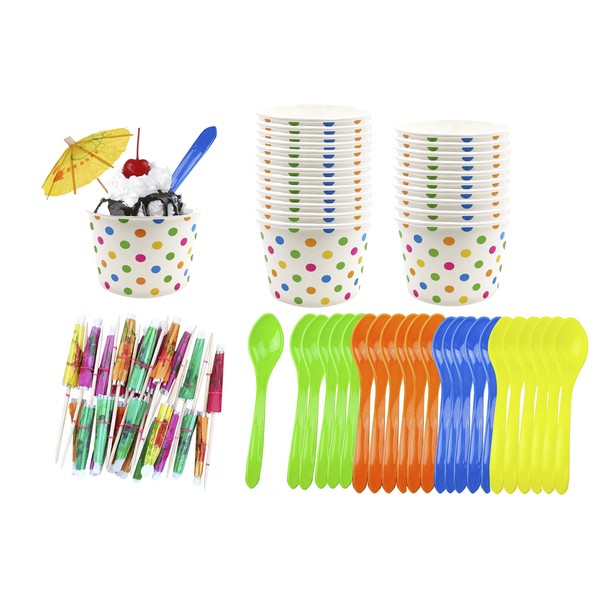 Ice Cream Sundae Kit - 8 Ounce Polka Dot Paper Cups - Plastic Spoons - Paper Umbrellas - Blue Orange Yellow Green - 24 Each