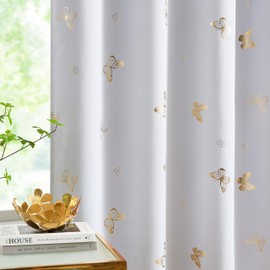 Jubilantex Metallic Butterfly Blackout Curtains 54" Long for Small Window Greyish White and Gold Print Butterfly Curtains Energy Saving Grommet Top for Bedroom Girls Room,52 W