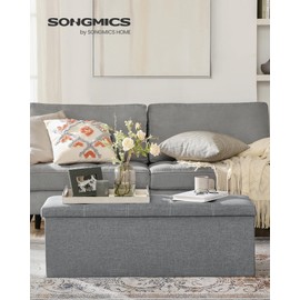 SONGMICS Ottoman Storage Bench, 35 Gal. Folding Chest with Breathable Linen-Look Fabric, Holds 660 lb, for Entryway, Living Room, Bedroom, Light Gray ULSF077G05