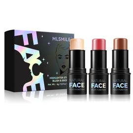 3 Pieces Face Contour Sticks Set, Contour Stick with Highlighter, Bronzer and Blush Shades, Easy to Use with Buildable Cover, Long-Lasting (#D, 40 g)