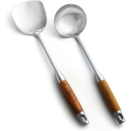 Wok Spatula & Ladle Tool Set, AOOSY 18/10 Stainless Steel Cooking Utensils, Wooden Handle Wok Utensils Soup Ladle 15 inches Set of 2