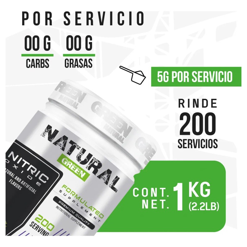 Óxido Nítrico Natural Green Pre Entreno 1kg 200 Servicios Uva